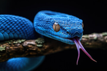 Fototapeta premium Close-up of a vibrant blue viper snake with its tongue out on a branch.