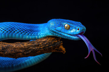 Fototapeta premium Close-up of a vibrant blue snake with detailed scales and a forked tongue against a dark background.