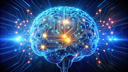 A glowing human brain with circuitry and wires merged, symbolizing the fusion of human intelligence and artificial intelligence.