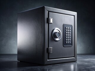 A heavy-duty, black, combination safe with a digital lock and chrome handle, set against a blurred, dark grey background, exuding security and protection.