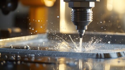 Precision cutting scene of a CNC milling process, with oil coolant splattering to reduce friction and ensure a flawless shell mold finish.