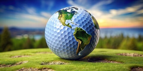 A golf ball rests on a globe, symbolizing the international scope of the sport, as the dimpled ball contrasts with the smooth, rotating planet Earth.
