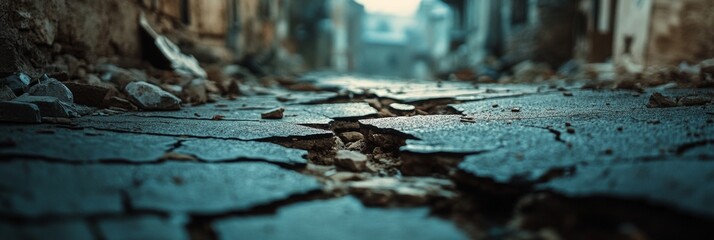 Earthquake Damage Close-Up, highlighting structural cracks in a building, capturing the intensity of seismic events and their impact on architecture