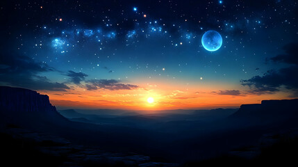 Mountain Landscape with Sunset, Stars, and Moon