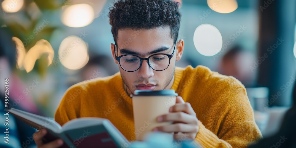 Aufkleber A close-up features a student drinking coffee while reading, focusing on the casual setting and focused expression, as soft light reflects the balance of student life