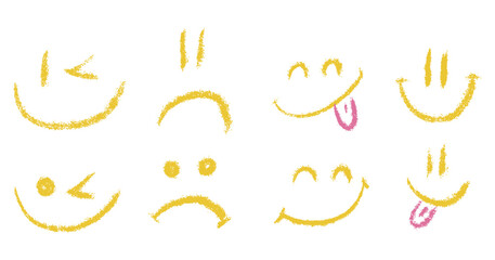 Doodle chalk smile emoji face icon set. Textured kids hand drawn sketch different emotion emoticons. Mood, happy, sad, smiley face with tongue. Pencil crayon drawing comic isolated vector illustration