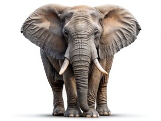 Fototapeta premium A majestic African elephant with wrinkled gray skin and tusks stands isolated on a pure white background, highlighting its massive size and gentle nature.