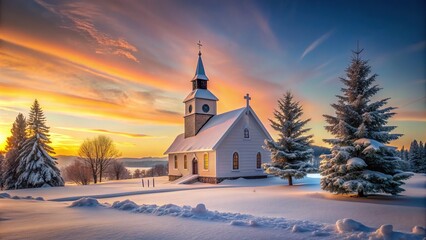 A majestic, snow-covered Christian church stands alone at dawn, its grandeur and beauty illuminated by a serene, soft-glowing winter sunrise on Christmas morning.