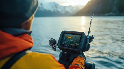 Smart fishing devices with digital fish finders, GPS trackers, and automated bait systems, showcasing technology-enhanced fishing.