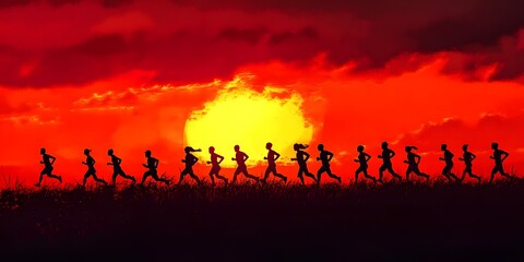 Fototapeta premium A vibrant sunset silhouette depicts a group of runners in motion, showcasing energy and determination against a fiery sky.