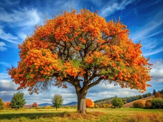 Naklejka premium A majestic tree stands tall in an autumnal landscape, its branches laden with vibrant orange leaves and ripe fruit, waiting to be harvested.