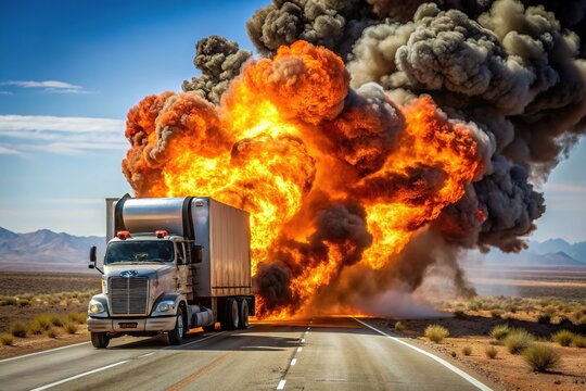 A massive fireball erupts from the wreckage of a crashed semi-truck on a desert highway, sending debris flying in all directions.