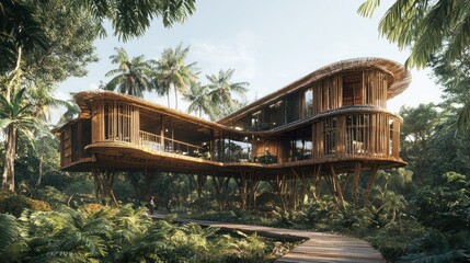 Sustainable construction site, with eco-friendly materials like bamboo or recycled steel, and green building techniques being implemented for a future-ready structure.