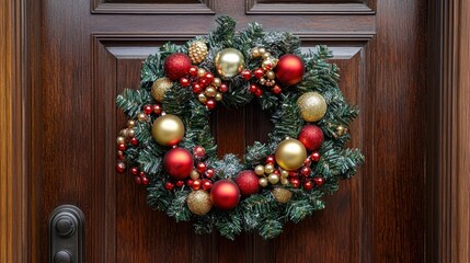 Decorated Christmas wreath on a front door, featuring festive ornaments.