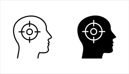 Focus icon set, outline head with arrows directed to center, target, goal, aim, vector illustration on white background