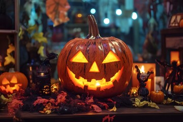 Fototapeta premium Trick or treat party and Pumpkin Jack-O-Lantern surrounded by halloween decor