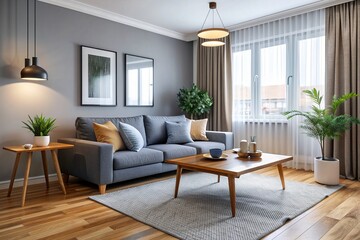 Fototapeta premium A modern and minimalist living room with a cozy atmosphere, featuring a stylish couch, coffee table, and curtains, perfect for a young renter's first home.
