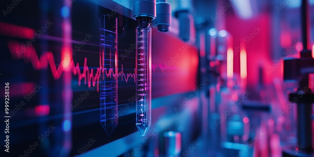 Poster digital data streaming from sensors during an experiment, with graphs and numerical readings displayed on a monitor.