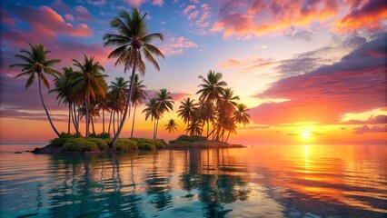 Tranquil Tropical Island Sunrise unfolds with soft pink hues bleeding into warm oranges and yellows, as palm trees sway gently against a calm turquoise sea.