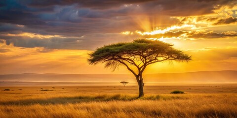 Fototapeta premium A peaceful African landscape with a lone acacia tree, warm golden light, and a tranquil atmosphere, evoking feelings of relaxation and harmony.