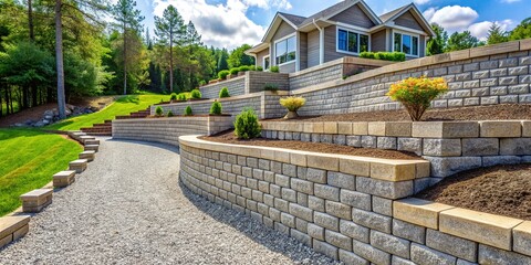 A newly constructed retaining wall with interlocking stone blocks and carefully arranged gravel backfill, installed to stabilize a sloping residential backyard landscape.