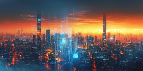 Fototapeta premium Cityscape with a glowing horizon, featuring futuristic architecture, advanced energy systems, and interconnected smart technologies.