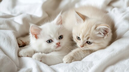 Obraz premium Lovely white kitten playing with each other. Cute little kittens relax on white blanket. Small cat. love and friendship. cute white kitten, british longhair. idea of tenderness and childhood.