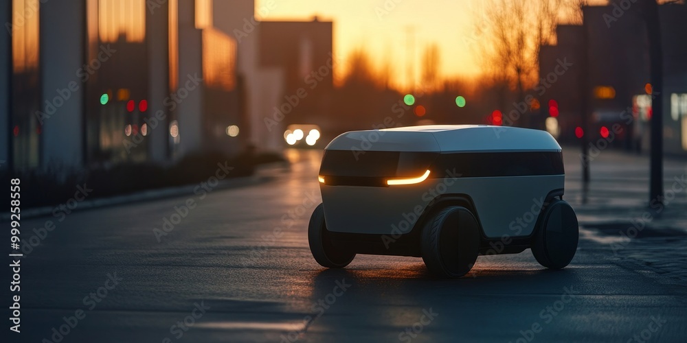 Aufkleber an autonomous delivery robot, sleek design with real-time navigation systems and package handling capabilities for efficient logistics.