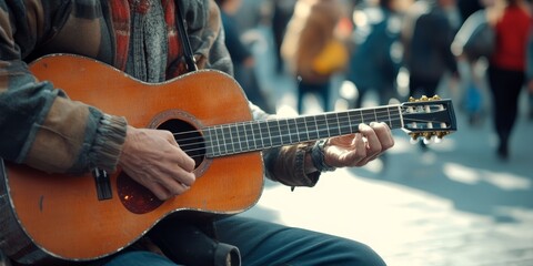Fototapeta premium a street performers hands playing a guitar, with a lively downtown crowd gathered around