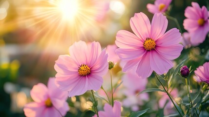 Fototapeta premium Pink cosmos flowers blooming in the garden under sunlight 