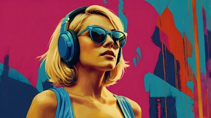 A mesmerizing woman  wearing stylish rayban glasses and headphones to listen to music,Music day concept.