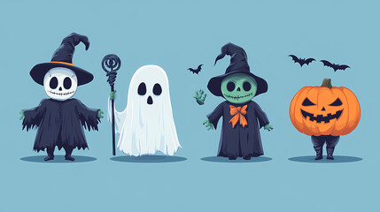 Halloween characters horror vector set design. Halloween character like grim reaper, ghost, pumpkin and Frankenstein.