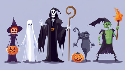 Obraz premium Halloween characters horror vector set design. Halloween character like grim reaper, ghost, pumpkin and Frankenstein.