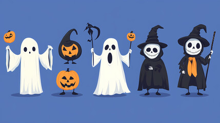 Halloween characters horror vector set design. Halloween character like grim reaper, ghost, pumpkin and Frankenstein.