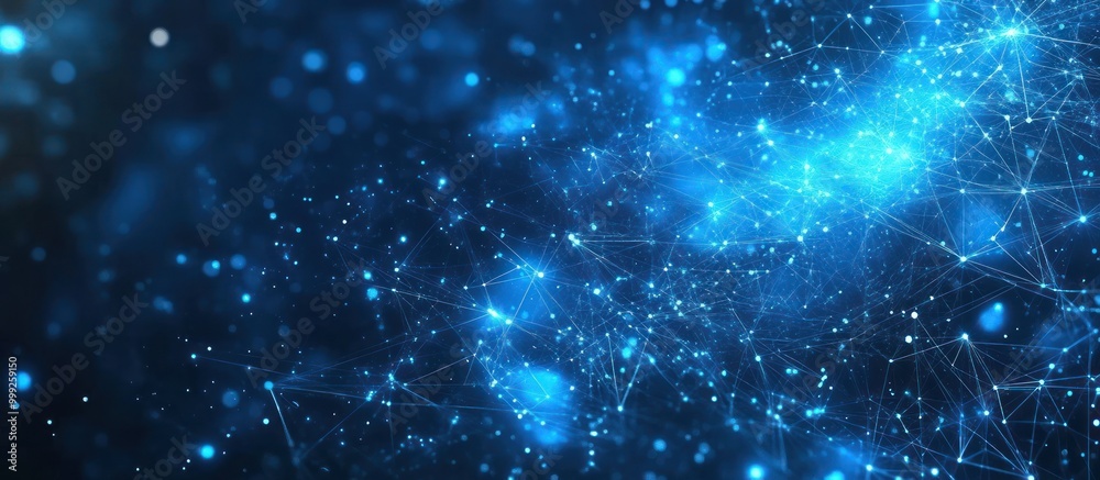 Wall mural abstract blue glowing network connection with bokeh lights.