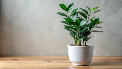 A slender, upright zamiokulcas plant with shiny, dark green, oval-shaped leaves grows in a modern, white ceramic pot on a minimalist wooden table.