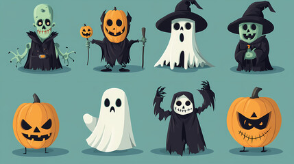 Halloween characters horror vector set design. Halloween character like grim reaper, ghost, pumpkin and Frankenstein.