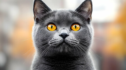 A Gray Cat with Bright Yellow Eyes Gazing Intently, Full of Curiosity