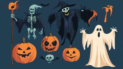 Halloween characters horror vector set design. Halloween character like grim reaper, ghost, pumpkin and Frankenstein.
