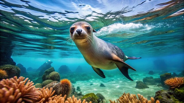 A sleek seal swimming underwater, its gray fur glistening, as it glides effortlessly through the turquoise ocean water, surrounded by coral and sea anemones.