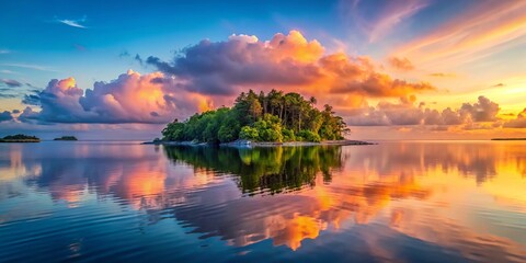 Golden Hour Aura blankets a lush island landscape, as soft pink and orange tones dance across the sky, mirrored in the glassy calm waters, blending seamlessly with the endless blue horizon.