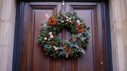 Elegant wreath on a door for a special occasion, featuring sophisticated decor.
