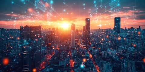 Fototapeta premium Cityscape with a glowing horizon, featuring futuristic architecture, advanced energy systems, and interconnected smart technologies.
