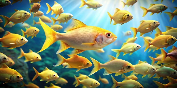 A solitary yellow fish swims against the school, symbolizing individuality and nonconformity in a vibrant underwater scene with subtle emotional undertones and bold colors.