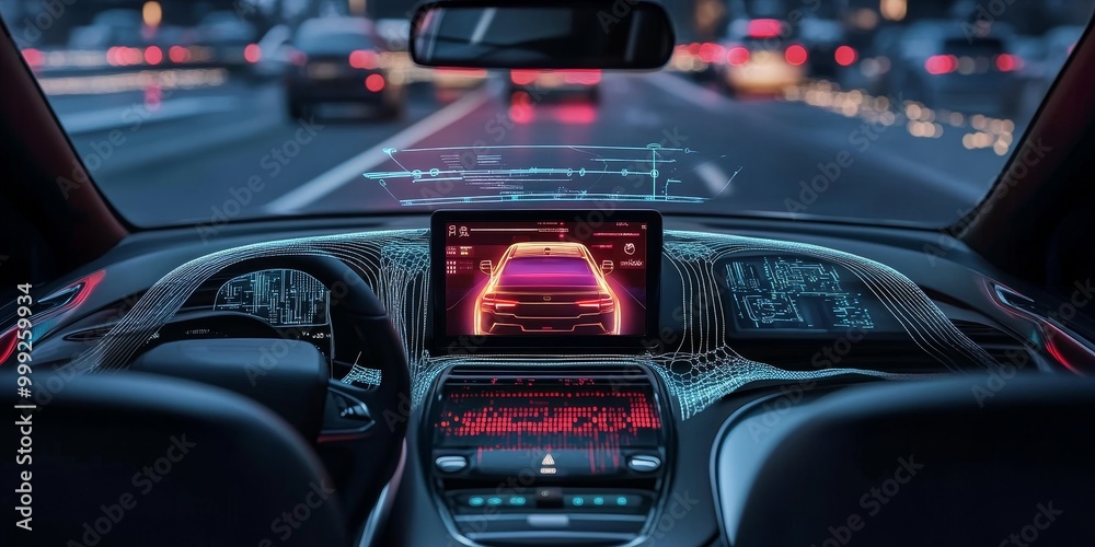 Poster a self-driving car's sensor array, showcasing the cameras, LIDAR, and radar systems that work together for safe, autonomous navigation.