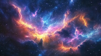 Fototapeta premium Vast colorful galaxy nebula clouds, illuminated by a supernova explosion. Starry night sky, bright stars scattered in space. Cosmic beauty.