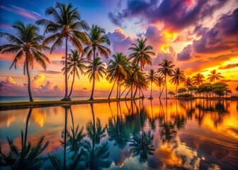 Golden light bathes tropical palm trees, illuminating vibrant hues of pink, orange, and purple in the sky, as calm turquoise water reflects the warm tones, stretching towards a distant horizon.