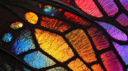 Vibrant close-up of a butterfly wing, showcasing vivid rainbow patterns, resembling stained glass with intricate details
