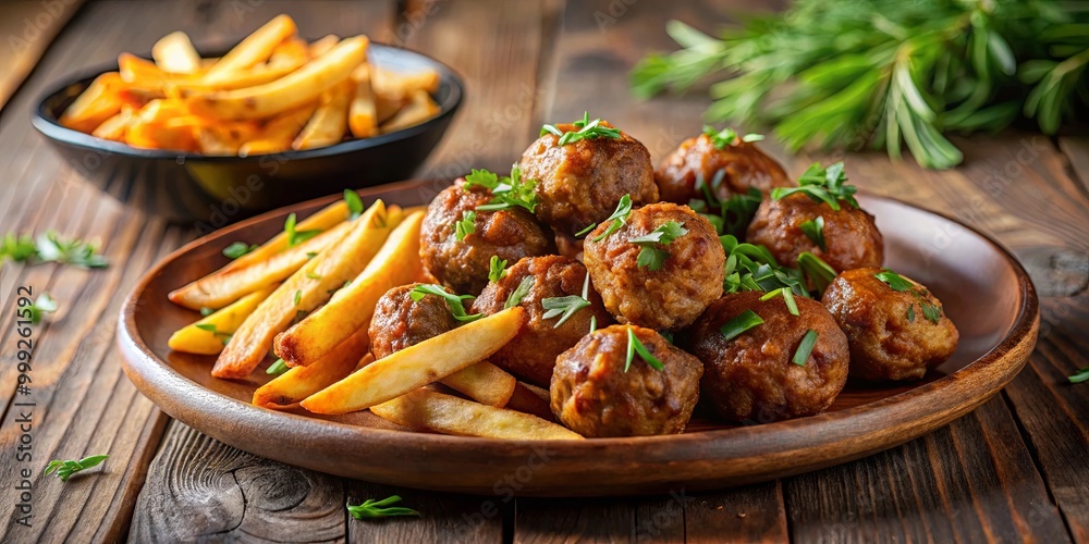 Wall mural A close-up of a plate of crispy fried meatball bites served with golden brown french fries, garnished with fresh herbs, all set against a rustic wooden background.