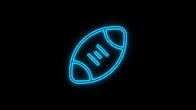 A glowing neon effect of a rugby icon is set on a black background. 4K video motion graphic animation.